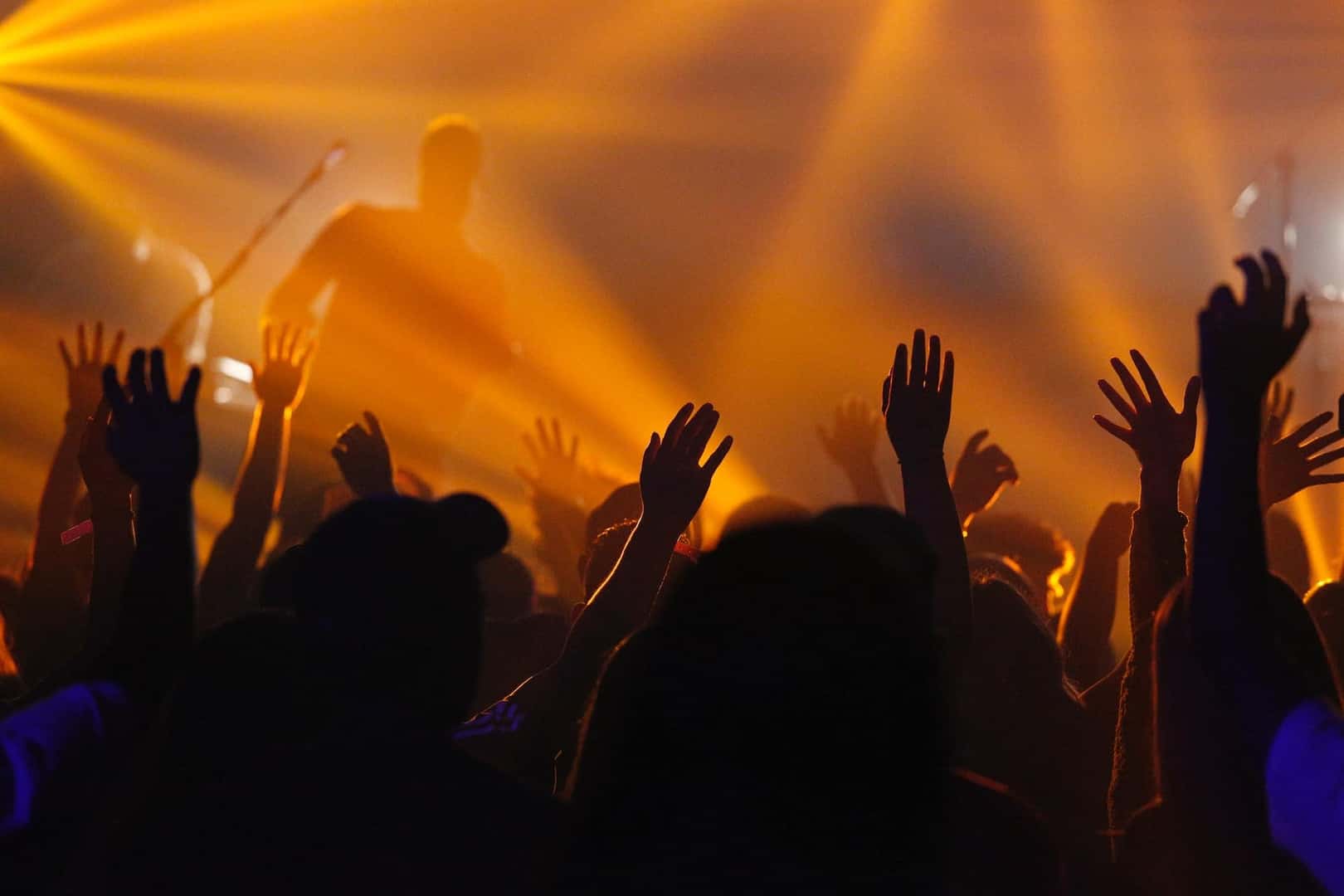 Silhouettes of crowd enjoying a music festival in the year 2026