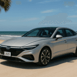 2025 Hyundai Sonata on Coastal beach scene with palm trees and clear skies