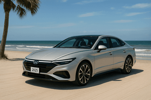 2025 Hyundai Sonata on Coastal beach scene with palm trees and clear skies