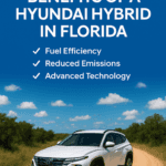 A sleek white Hyundai hybrid SUV drives down a dirt road surrounded by lush greenery under a clear blue sky. Bold white text at the top reads "Drive Smart: Benefits of a Hyundai Hybrid in Florida," with key benefits—Fuel Efficiency, Reduced Emissions, and Advanced Technology—listed below. The image captures the essence of smooth, eco-friendly driving across Florida's diverse landscapes.