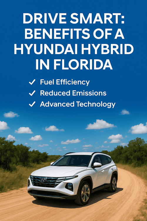 A sleek white Hyundai hybrid SUV drives down a dirt road surrounded by lush greenery under a clear blue sky. Bold white text at the top reads "Drive Smart: Benefits of a Hyundai Hybrid in Florida," with key benefits—Fuel Efficiency, Reduced Emissions, and Advanced Technology—listed below. The image captures the essence of smooth, eco-friendly driving across Florida's diverse landscapes.