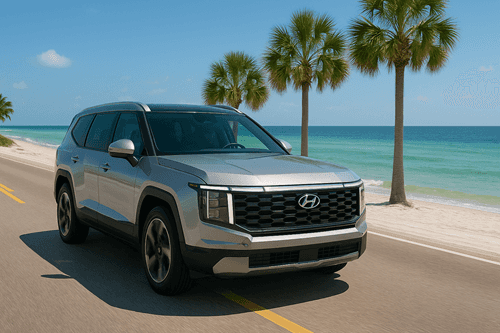 2025 Hyundai Santa Fe driving along Florida's Gulf Coast, with palm trees, white sandy beaches, and turquoise ocean in the background under a clear blue sky.