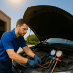 A high-resolution photograph capturing a male automotive technician in a blue polo shirt working on the air conditioning system of a dark sedan under bright sunlight. He is connecting hoses to an AC manifold gauge set, with the car's hood open. The setting includes a clear blue sky, a service building in the background, and natural sunlight emphasizing the warm, summer-like conditions. The image symbolizes vehicle maintenance and air conditioning service during hot weather.