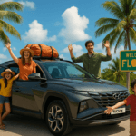 A cheerful family of four poses beside a dark gray Hyundai Tucson parked under a "Welcome to Florida" sign. The parents and two children smile and wave with arms raised, surrounded by palm trees and a bright blue sky, evoking a fun family road trip vibe.