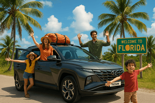 A cheerful family of four poses beside a dark gray Hyundai Tucson parked under a "Welcome to Florida" sign. The parents and two children smile and wave with arms raised, surrounded by palm trees and a bright blue sky, evoking a fun family road trip vibe.