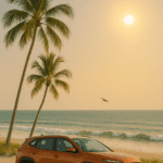 Burnt orange Hyundai SUV parked by a tropical beach at sunset, framed by palm trees with ocean waves in the background and a bird flying under the golden sun.