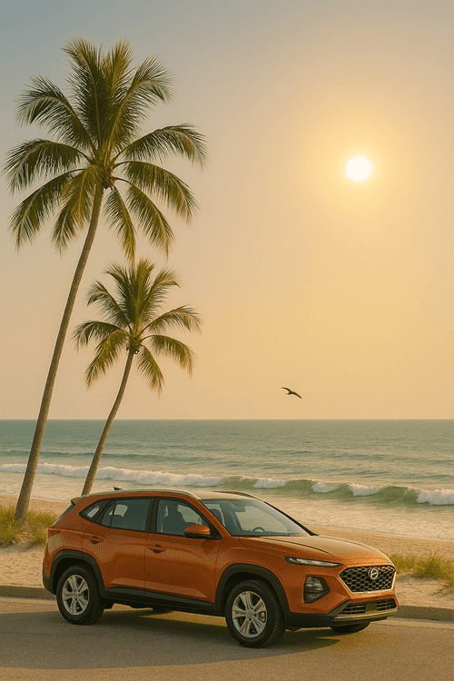 Burnt orange Hyundai SUV parked by a tropical beach at sunset, framed by palm trees with ocean waves in the background and a bird flying under the golden sun.