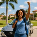 A joyful college student stands in front of a silver Hyundai sedan on a sunny Florida campus. She raises her left fist in excitement while holding a black backpack strap with her right hand. She wears a blue T-shirt and jeans, and behind her are palm trees and modern university buildings under a bright blue sky.