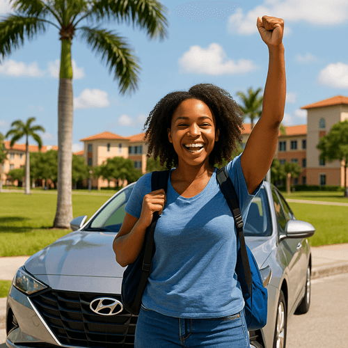 A joyful college student stands in front of a silver Hyundai sedan on a sunny Florida campus. She raises her left fist in excitement while holding a black backpack strap with her right hand. She wears a blue T-shirt and jeans, and behind her are palm trees and modern university buildings under a bright blue sky.