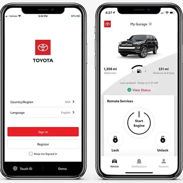 an image of the toyota app open on a smartphone with the remote connect feature pulled up