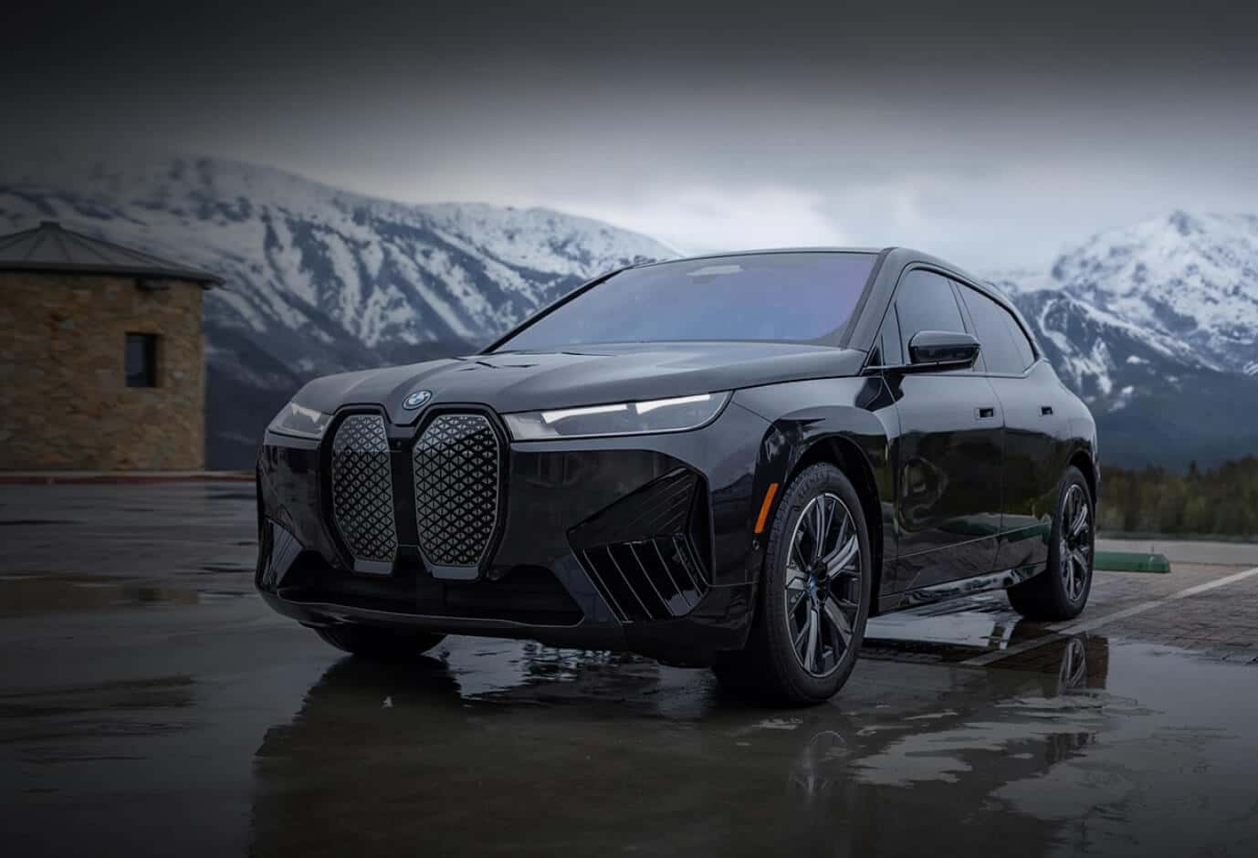 Black BMW iX in front of snowy mountains
