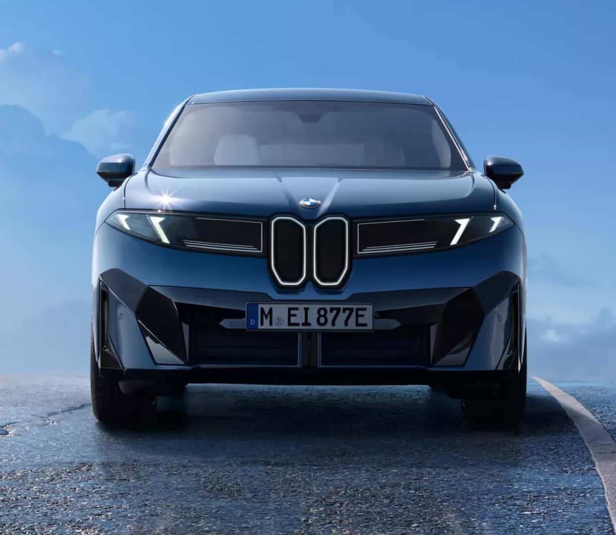 Blue BMW electric vehicle front view
