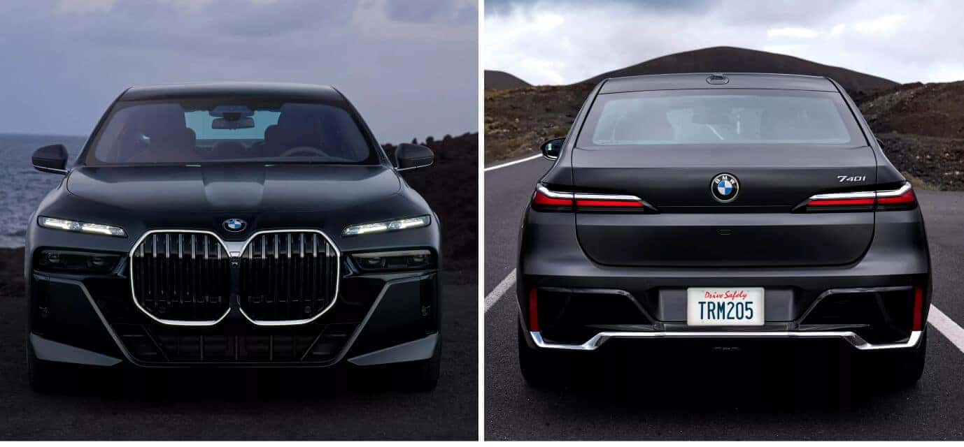 BMW 740i Sedan exterior in Frozen Deep Grey Metallic on a volcanic mountain highway.