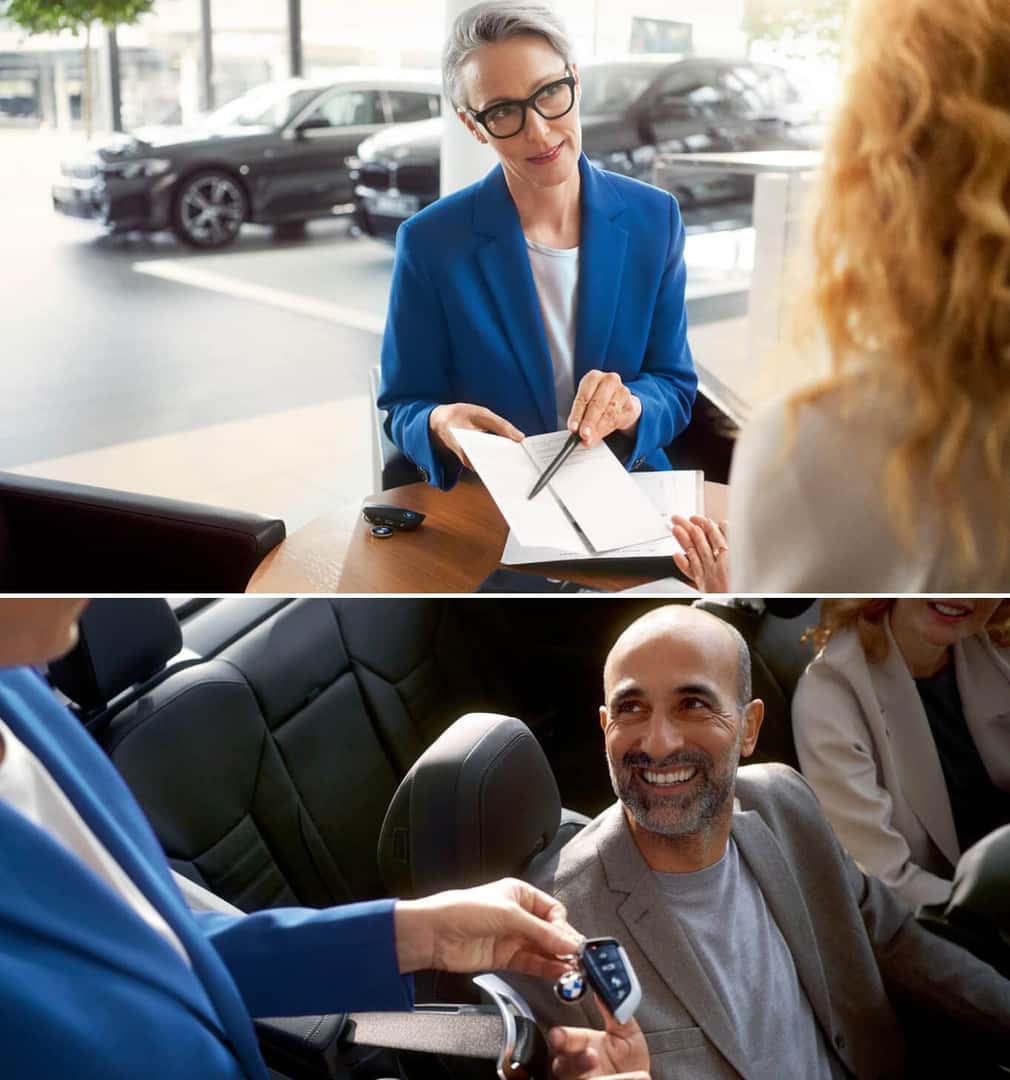 A BMW financial services agent explains financing terms to a customer. A BMW agent hands car keys to a driver