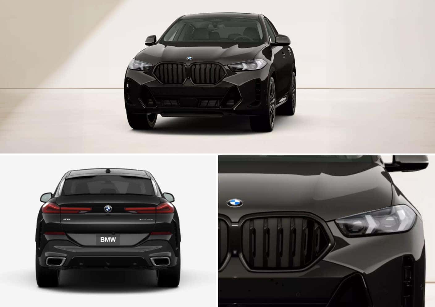 Front and rear views of a sleek 2027 BMW X6 in a bright, minimalistic setting.
