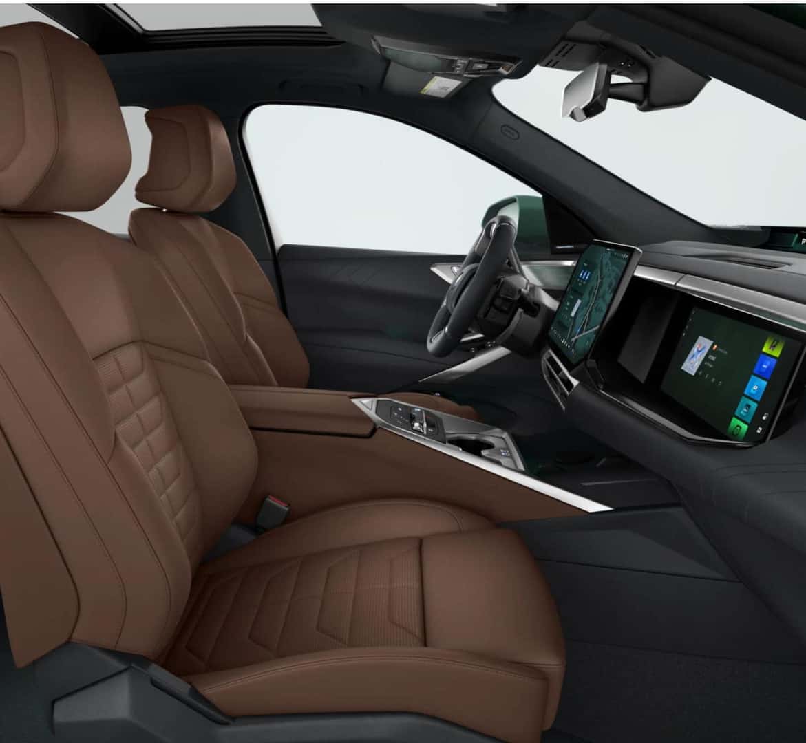 BMW X5 interior featuring brown leather front seats, a panoramic sunroof, and a curved digital display across the dashboard.