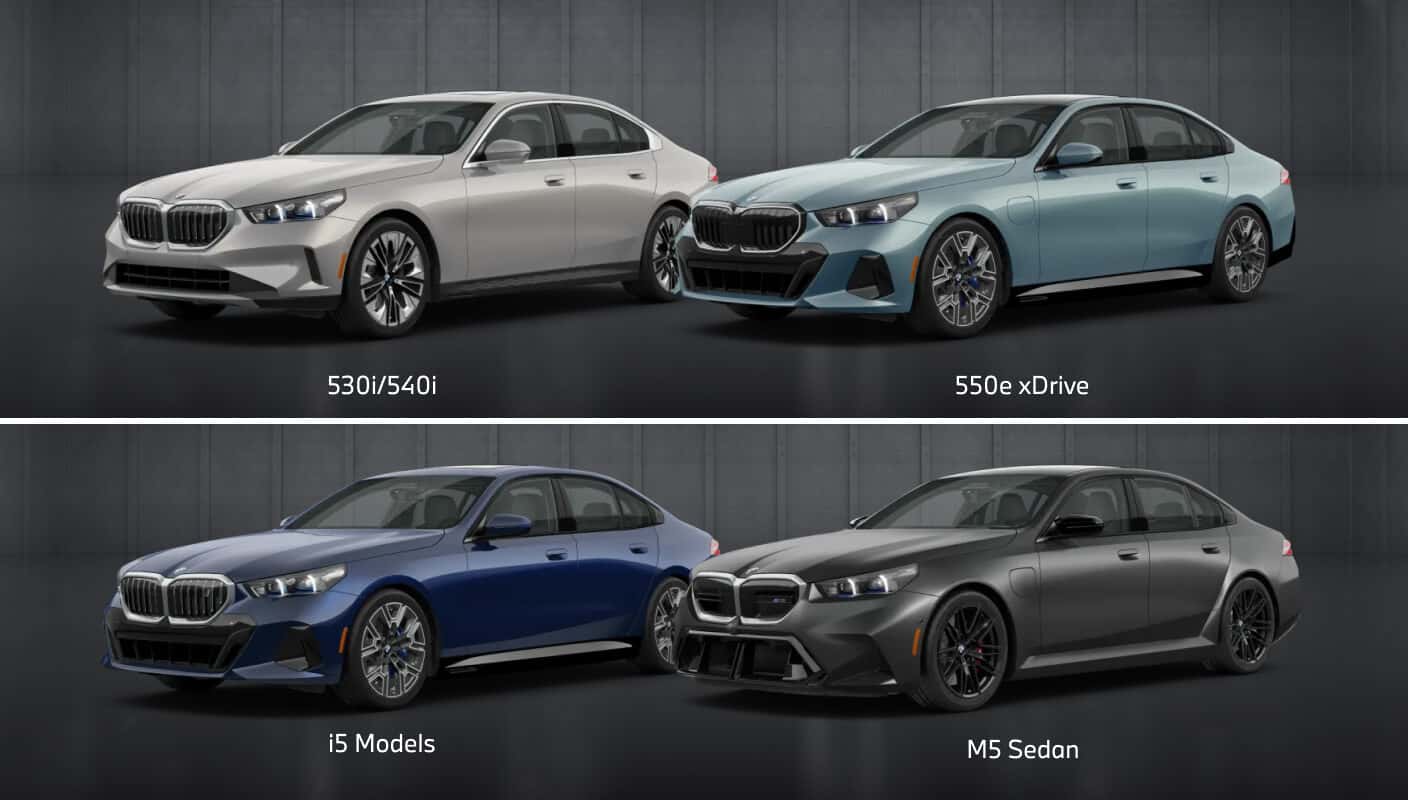 Comparison chart graphic showing each 5 Series model side by side, including 530i, 540i, 55e xDrive, i5 Models and M5 Sedan.
