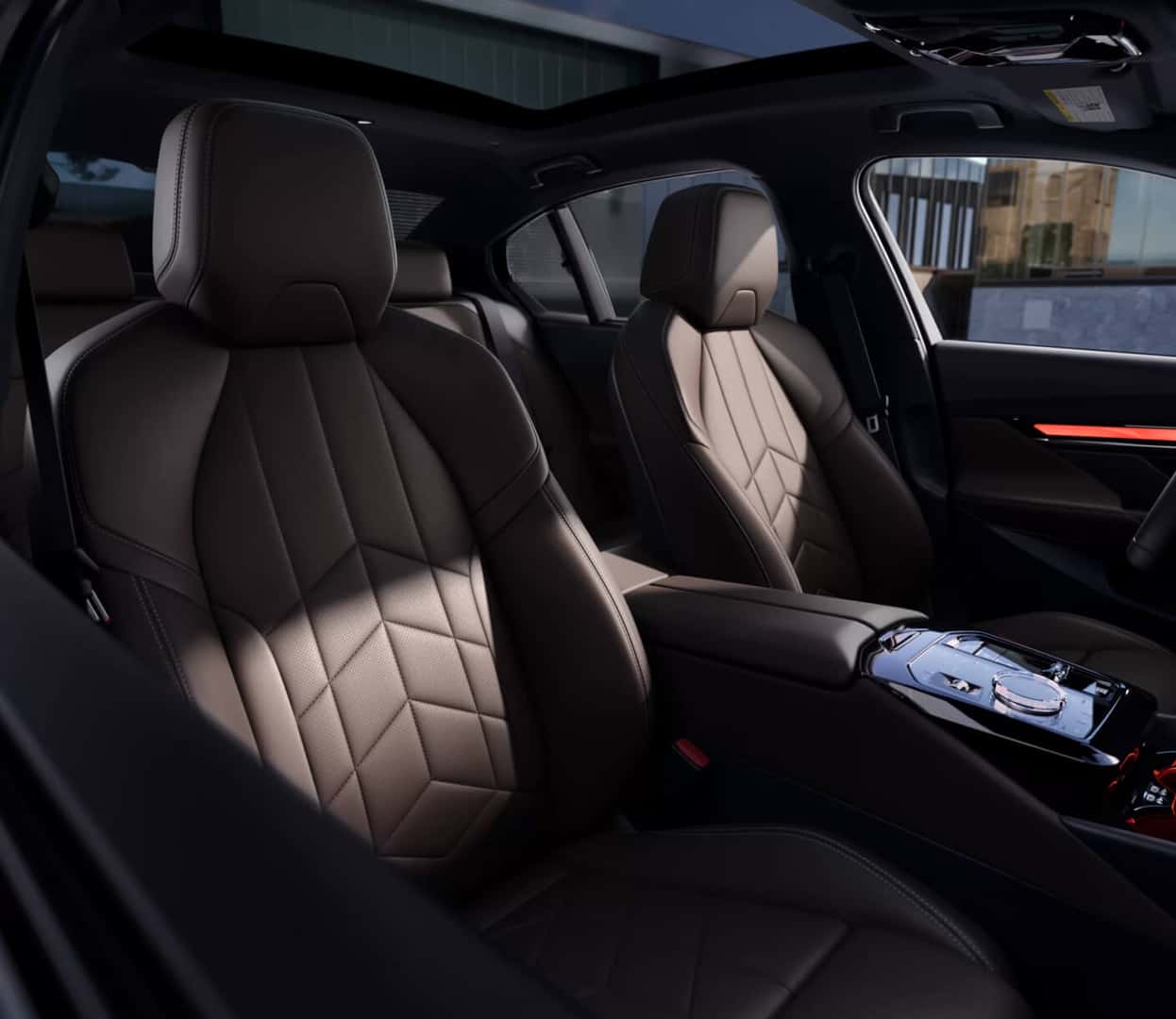 Perspective shot of BMW 540i interior from outside the passenger window.