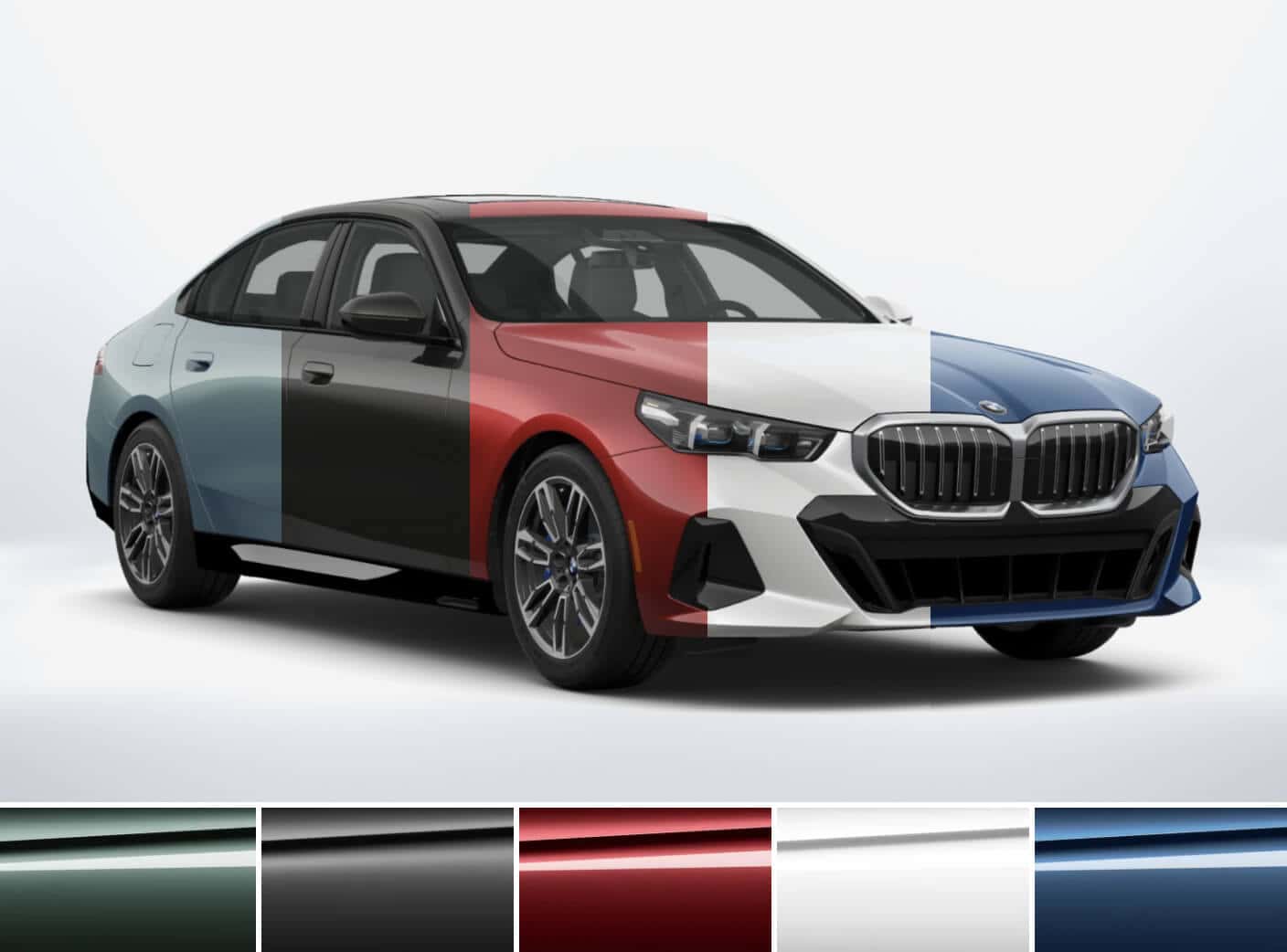 Cross-section graphic showing several BMW 5 Series sedan colors side-by-side.