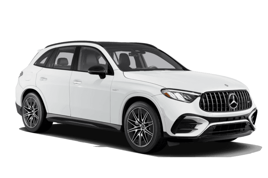 Front three-quarter view of white Mercedes-AMG GLC SUV against a white background.