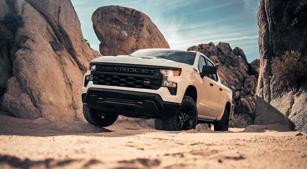 A white 2024 Chevy Silverado 1500 Trail Boss from the front.