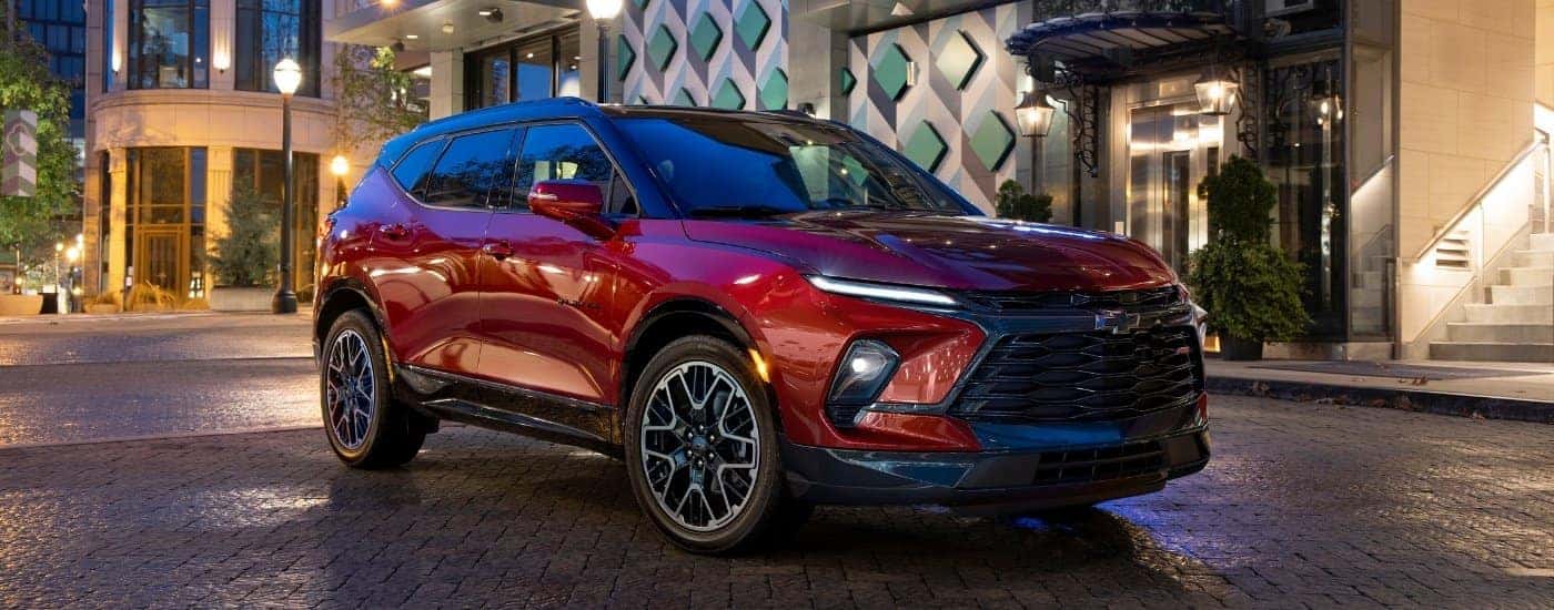 A red 2023 Chevy Blazer from the front.