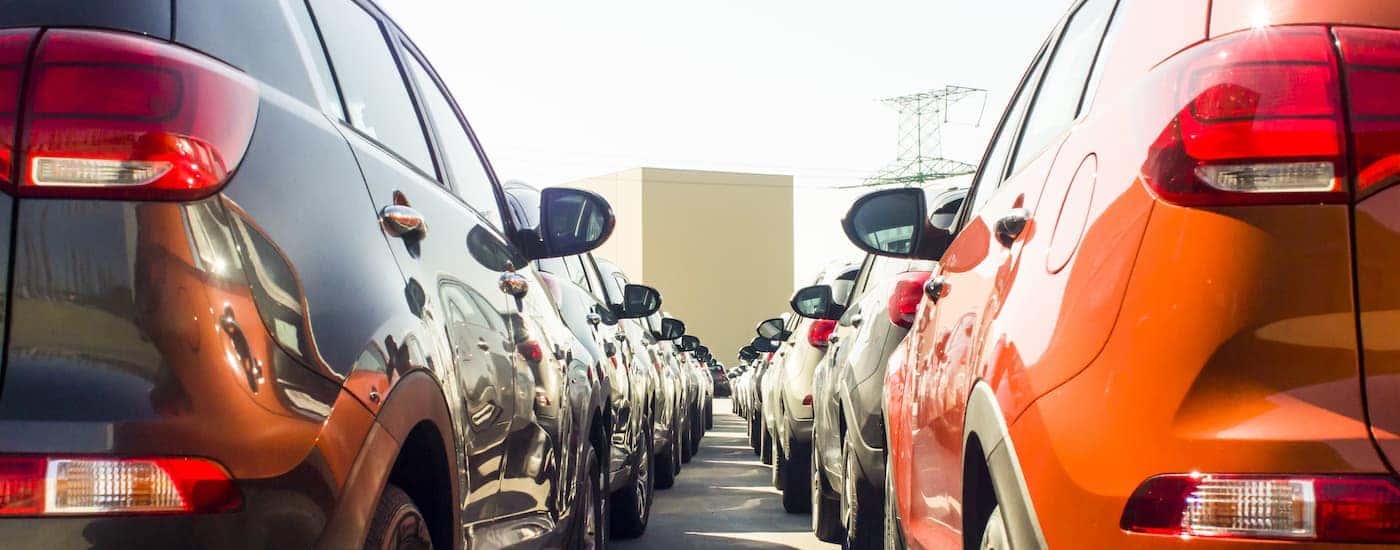 Rows of used cars are shown at a used car dealership near me.