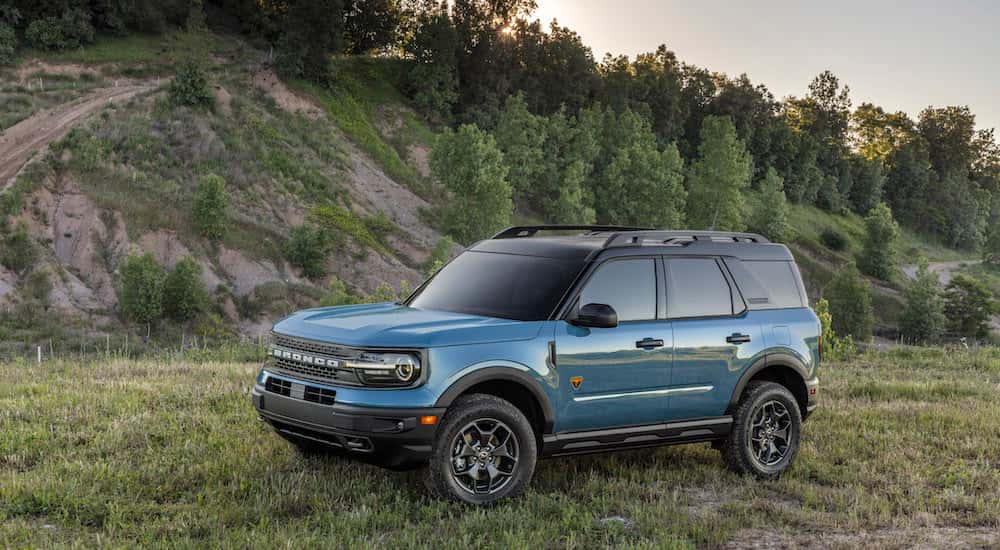A blue 2025 Ford Bronco Sport from the side after leaving a dealer that has a used Ford for sale.