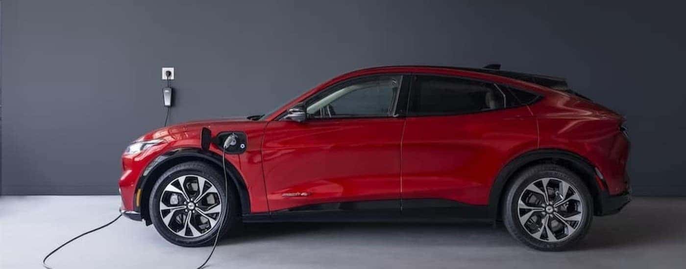 A red 2023 Ford Mustang Mach-E is charging.