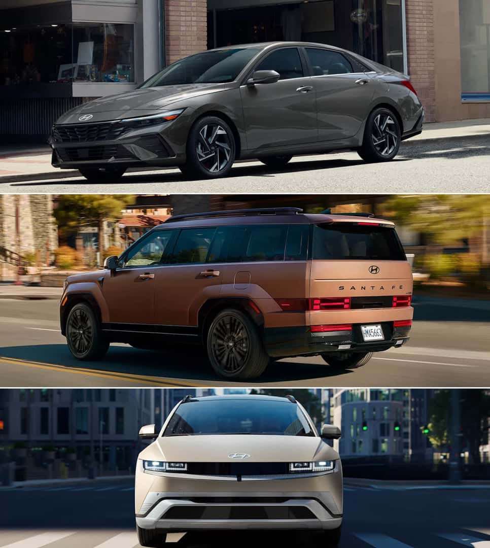 Hyundai sedan and two Hyundai SUVs