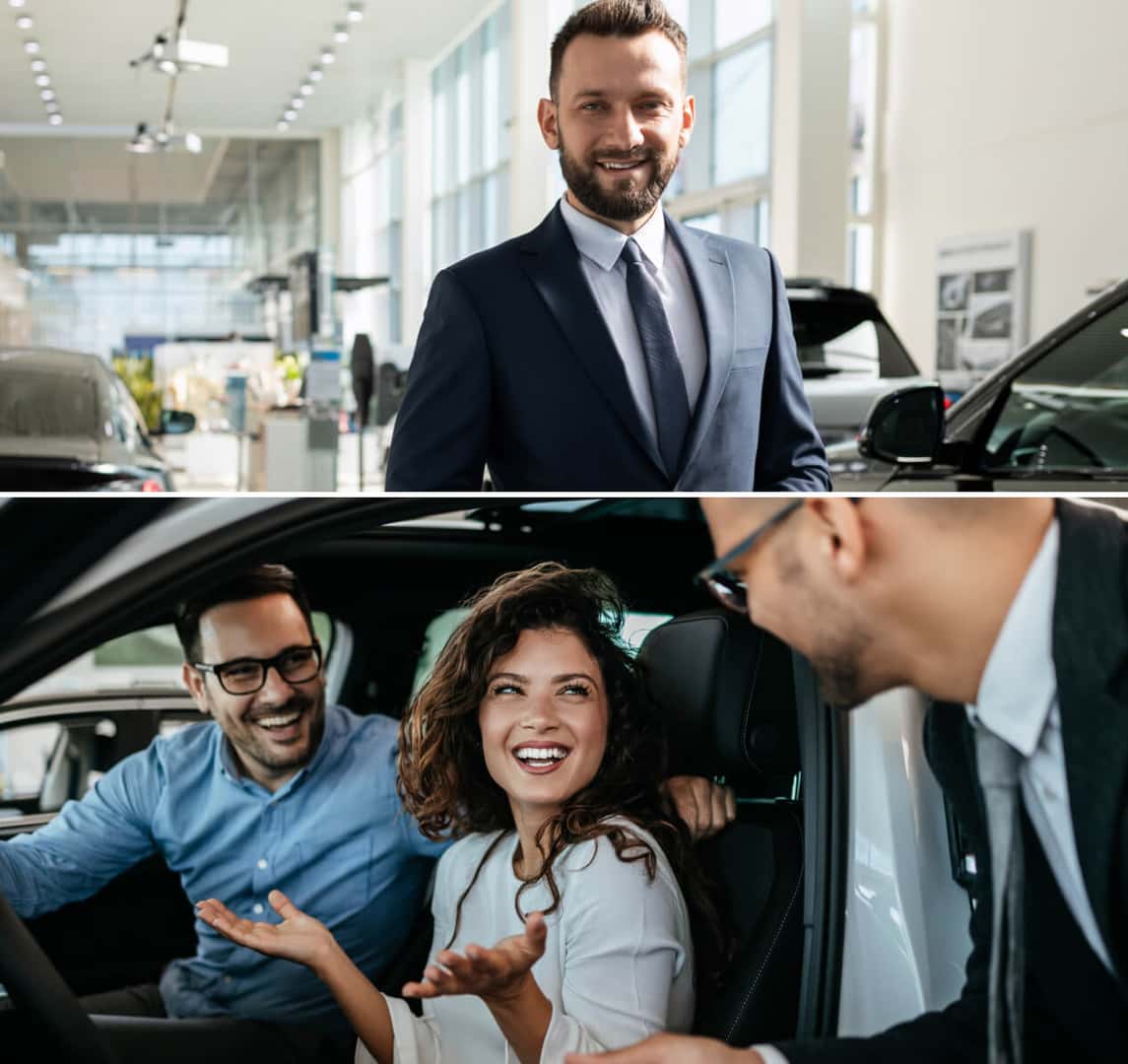 A salesperson smiling in a car dealership. A couple smiles as a salesperson helps them into a new car.