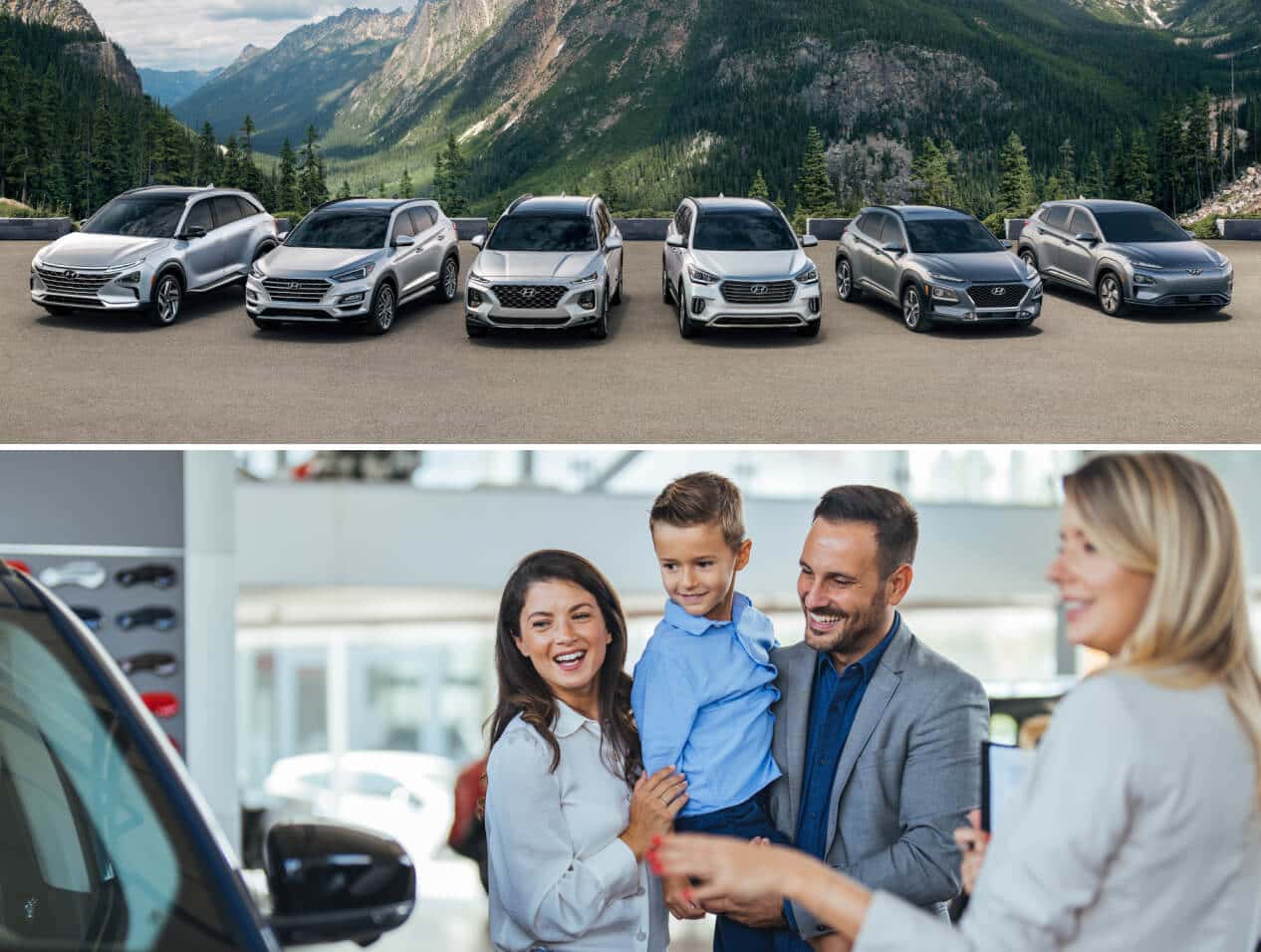 A lineup of older model Hyundai cars and SUVs parked in front of a mountain backdrop. A salesperson helps a family choose a car.