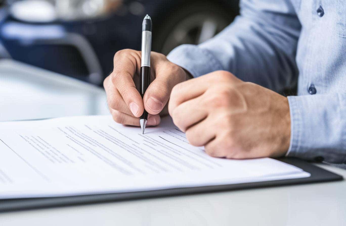 Close-up of a person signing paperwork on a clipboard at a dealership with a vehicle blurred in the background.