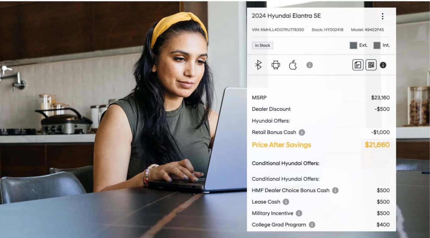 Split view showing a woman working on a laptop on the left and a digital vehicle pricing window for a Hyundai Elantra.