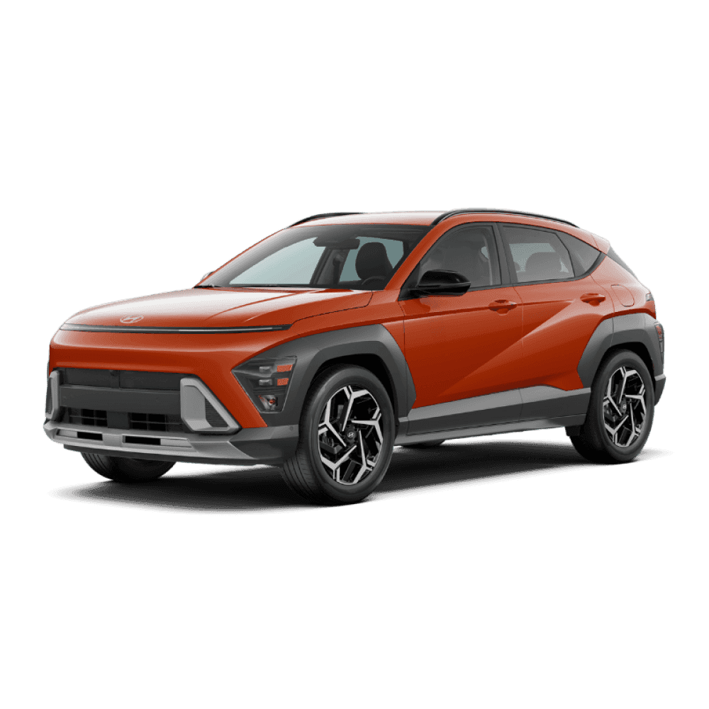 Front three-quarter view of an orange 2026 Hyundai Kona
