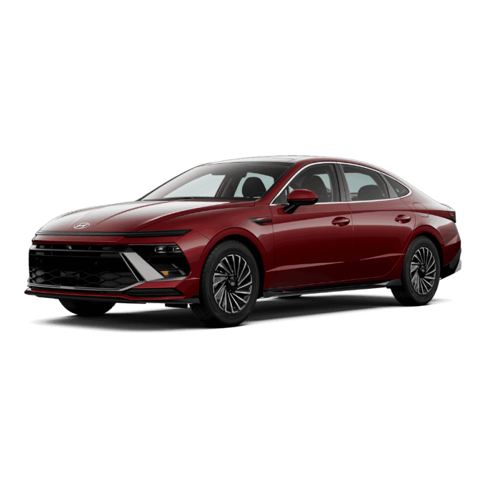 Front three-quarter view of a dark red 2026 Hyundai Sonata