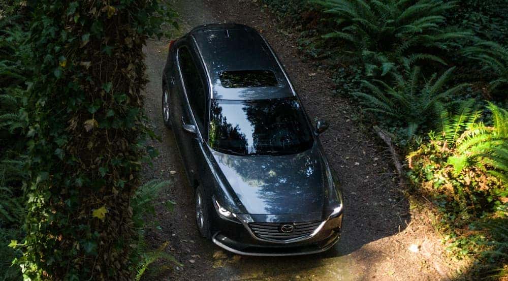A grey 2020 Mazda CX-9 is shown from above on a dirt road in the woods.