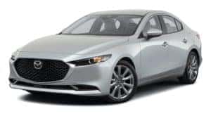 A silver 2021 Mazda3 sedan is angled left.