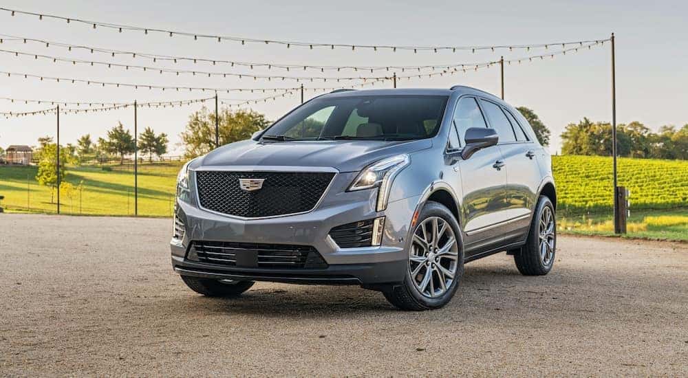 A grey 2020 Cadillac XT5 Sport is parked at a vineyard.