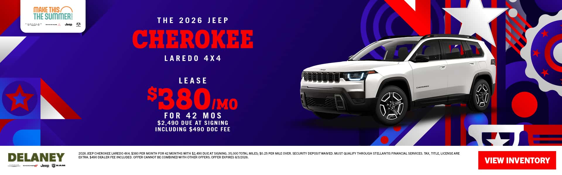 2026 Jeep Cherokee Laredo 4x4 $380/month for 42 months $2,490 DAS including $490 Doc Fee
