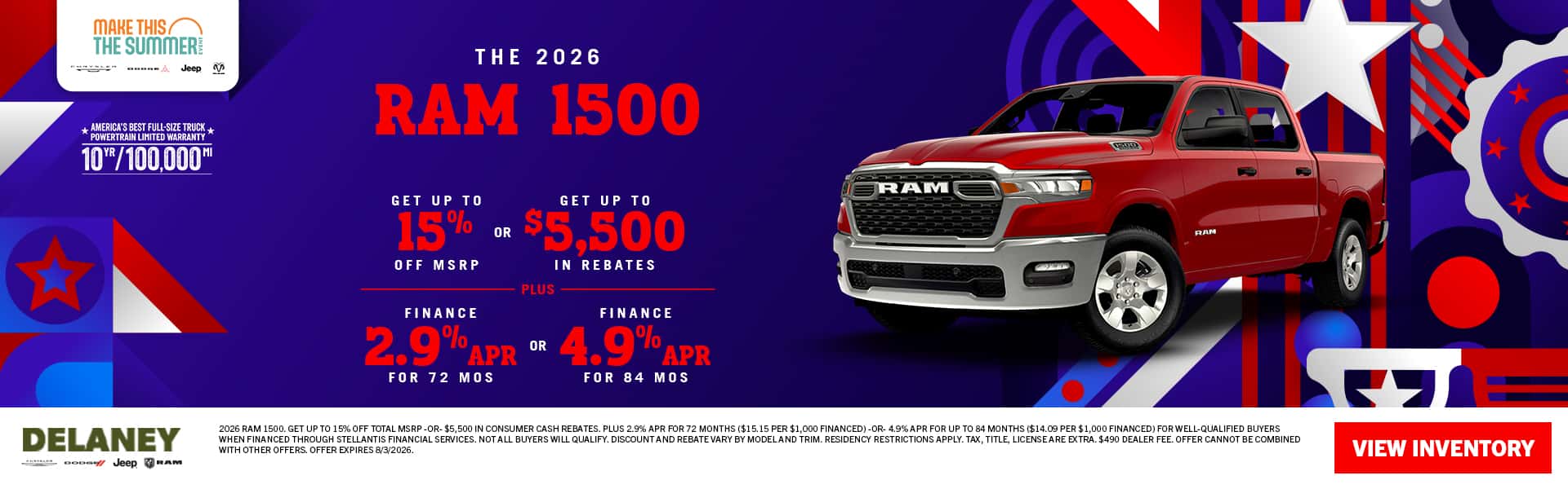 2026 Ram 1500 Get Up to 15% off or OR get 5,500 in Rebates PLUS 2.9% for 72 months OR 4.9% for up to 84 months