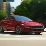 A red 2024 Hyundai Elantra compact sedan navigates a bustling city street, showcasing its sleek design and modern features.
