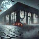 Halloween pumpkins and trees adorn the front of a car dealership, creating a vibrant and spooky autumnal display.