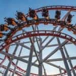 A low angle shows a rollercoaster near Arlington, TX.