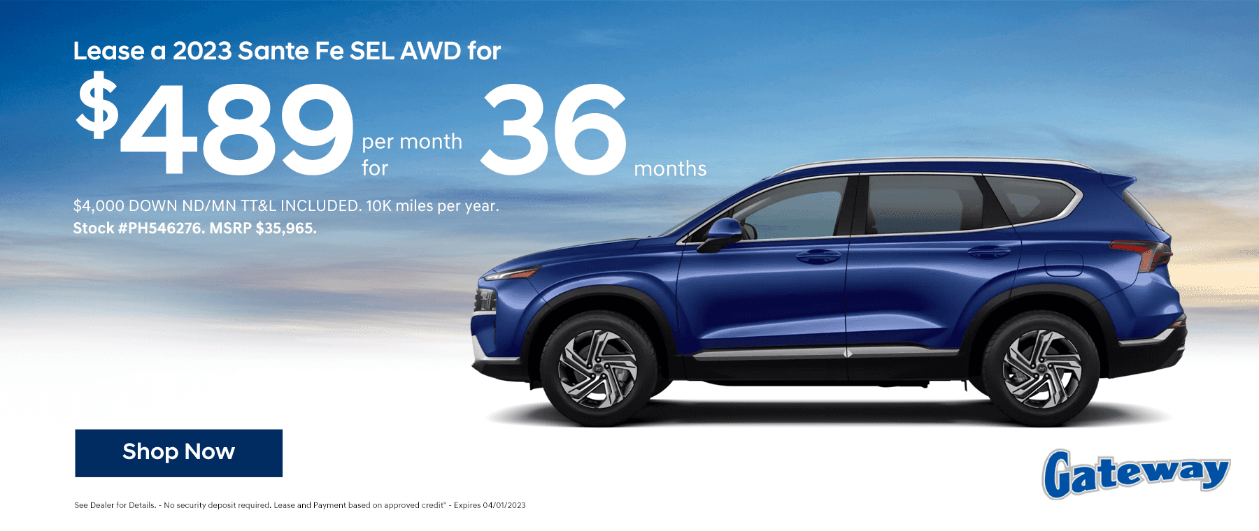 Lease a 2023 Sante Fe SEL AWD for $489 per month!