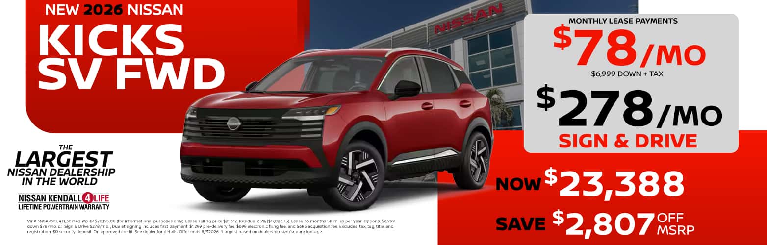 Alt Text: 2026 Kicks lease as low as $78 or sign and drive $278