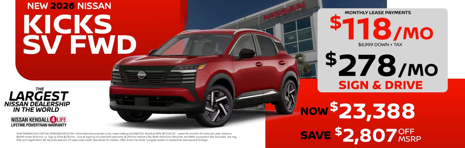 2026 Kicks lease as low as $118 or sign and drive $278