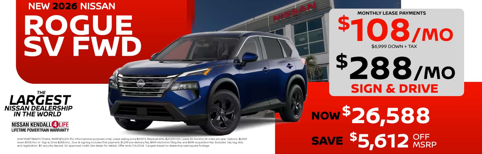 Alt Text: 2026 Rogue lease as low as $108 or sign and drive $288