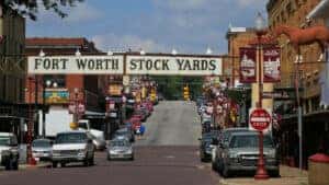 Fort Worth Stock Yards Front Gate and road in Fort Worth, TX
