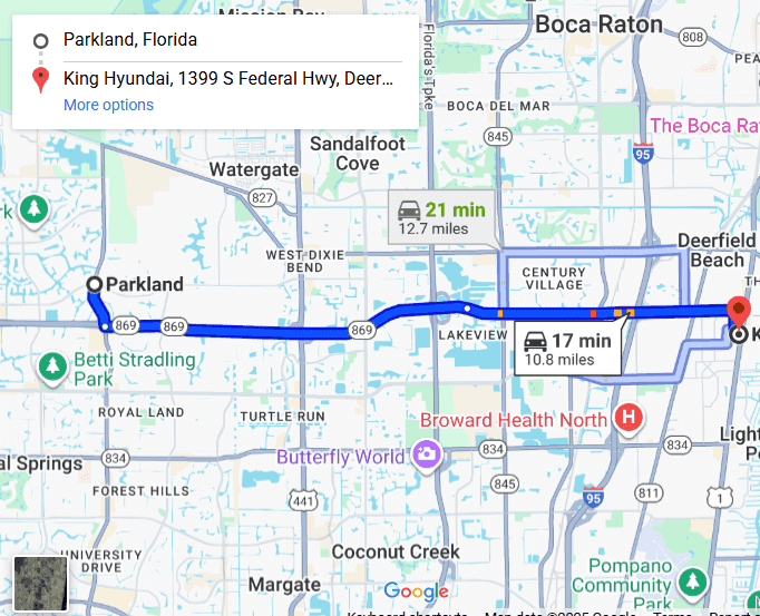 Map showing route from Pine Trails Park in Parkland to King Hyundai in Deerfield Beach